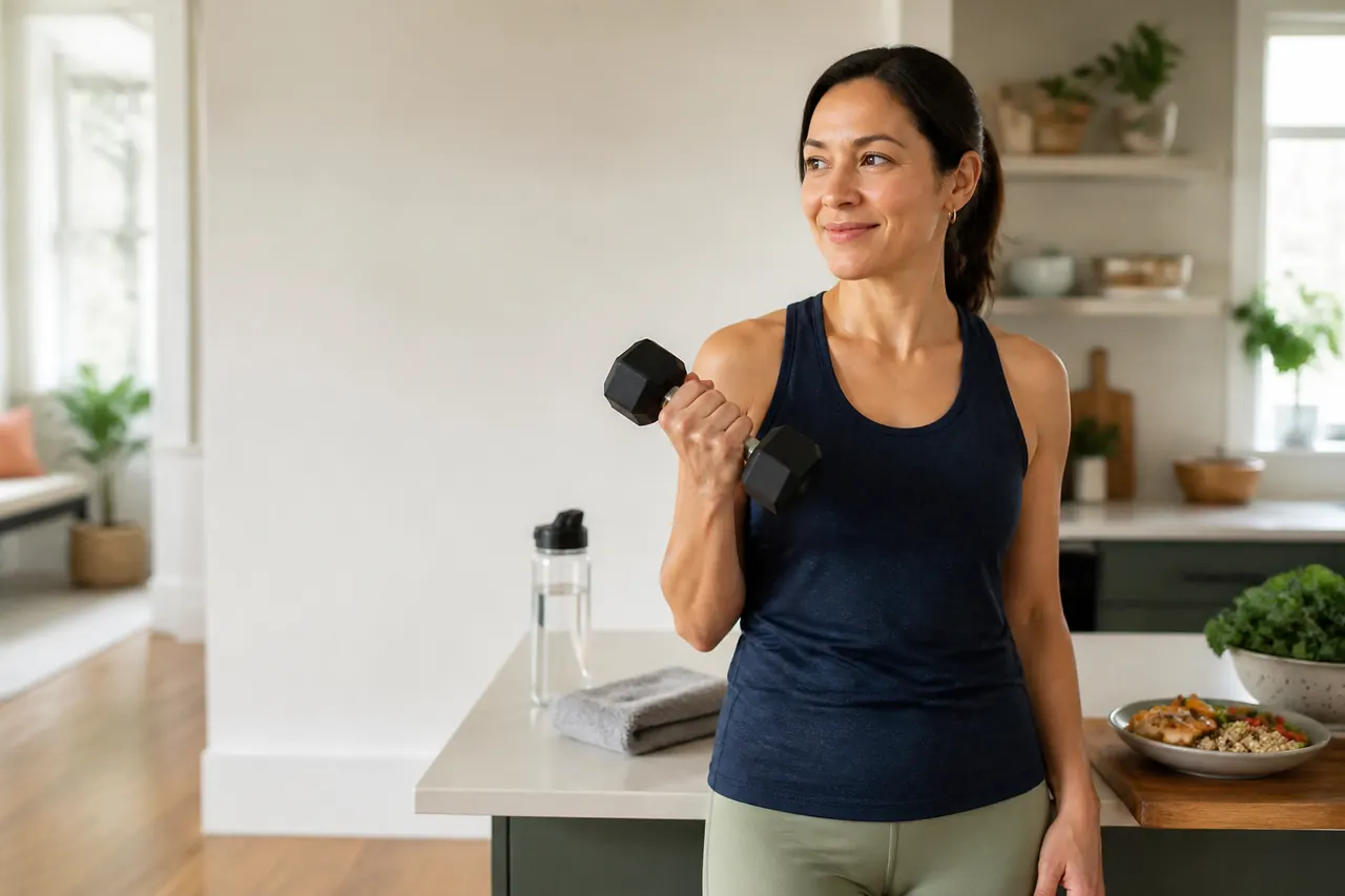 A woman strength training with a dumbbell beside a nourishing meal
